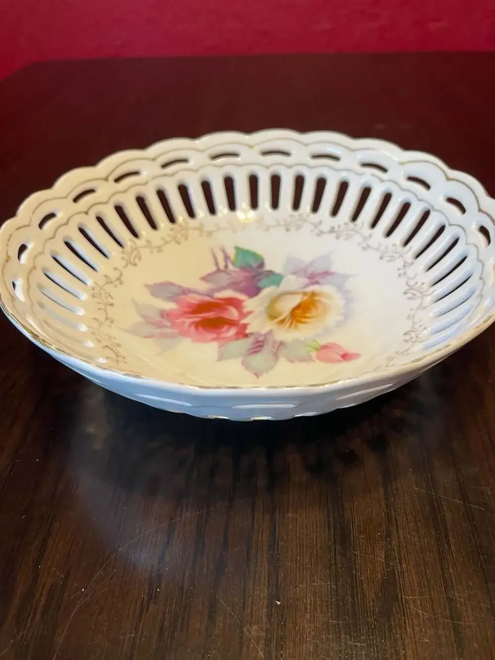 Vintage Hand-Painted Floral Reticulated Porcelain Bowl, Made in Japan